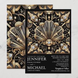 Convites de Casamento Preto e Dourado Art Deco com