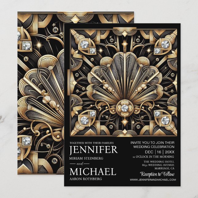 Convites de Casamento Preto e Dourado Art Deco com (Frente/Verso)