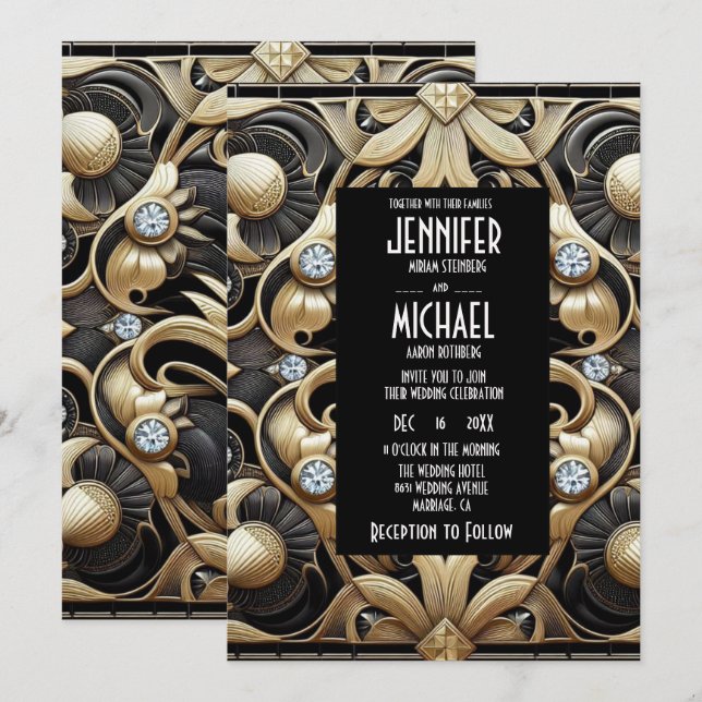 Convites de Casamento Preto e Dourado Art Deco com (Frente/Verso)