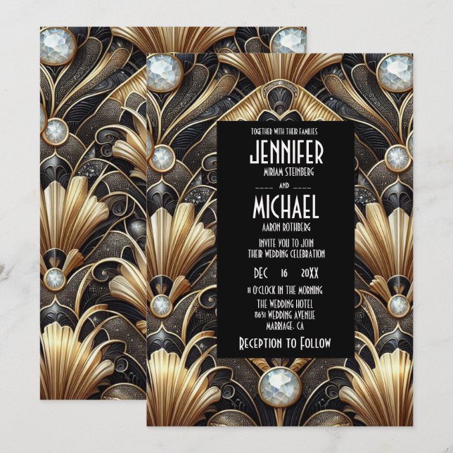 Convites de Casamento Preto e Dourado Art Deco com (Frente/Verso)