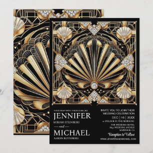 Convites de Casamento Preto e Dourado Art Deco com