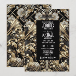 Convites de Casamento Preto e Dourado Art Deco com