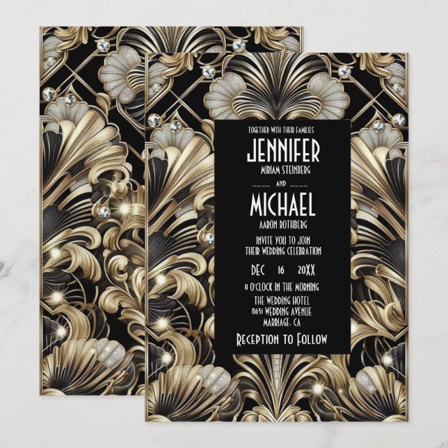 Convites de Casamento Preto e Dourado Art Deco com (Frente/Verso)