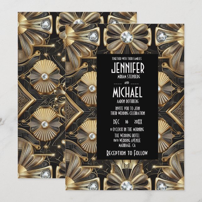 Convites de Casamento Preto e Dourado Art Deco com (Frente/Verso)