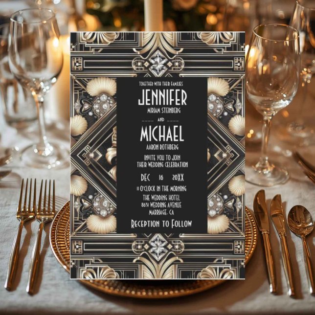 Convites de Casamento Preto e Dourado Art Deco com (Criador carregado)