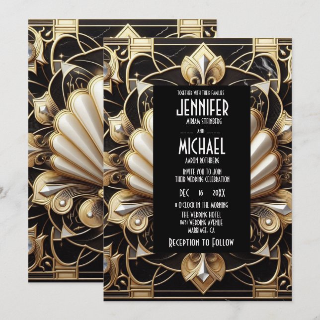 Convites de Casamento Preto e Dourado Art Deco com (Frente/Verso)