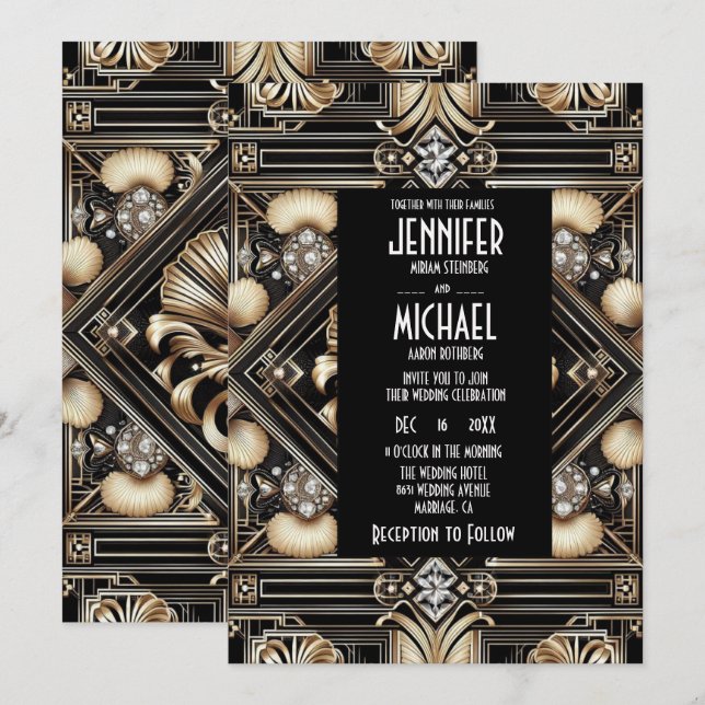 Convites de Casamento Preto e Dourado Art Deco com (Frente/Verso)