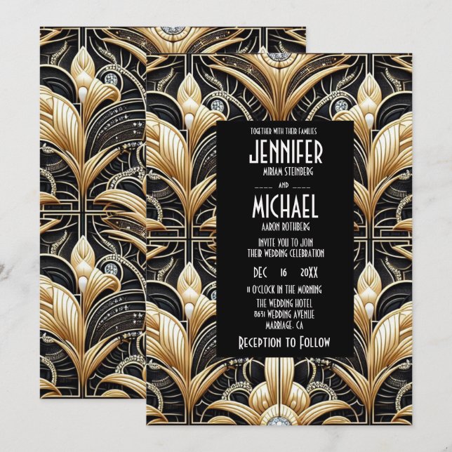 Convites de Casamento Preto e Dourado Art Deco com (Frente/Verso)