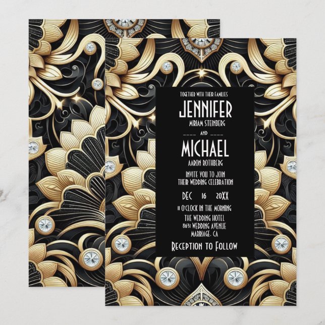 Convites de Casamento Preto e Dourado Art Deco com (Frente/Verso)