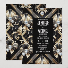 Convites de Casamento Preto e Dourado Art Deco com