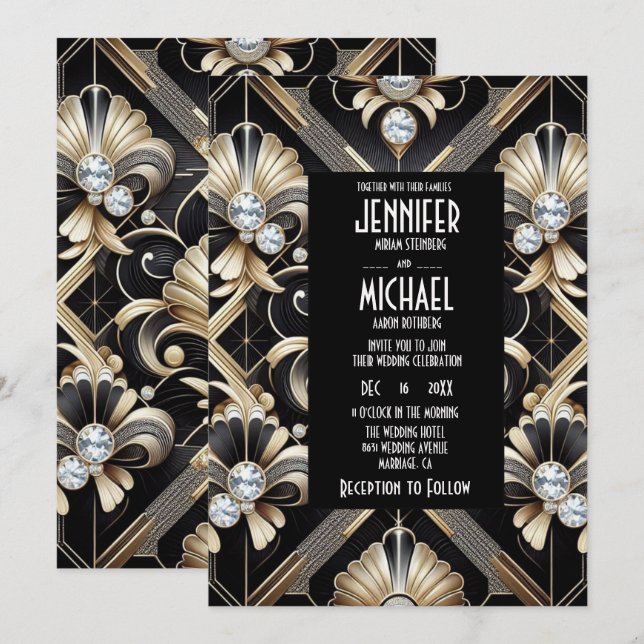 Convites de Casamento Preto e Dourado Art Deco com (Frente/Verso)