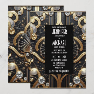 Convites de Casamento Preto e Dourado Art Deco com