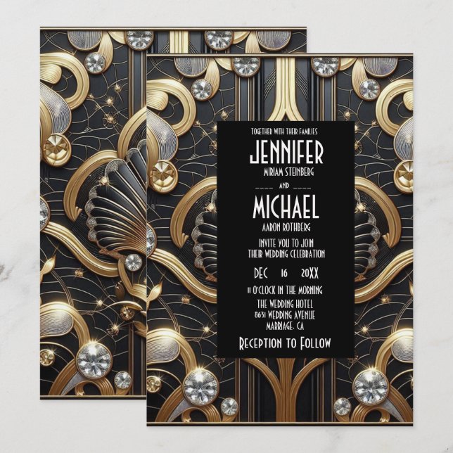 Convites de Casamento Preto e Dourado Art Deco com (Frente/Verso)