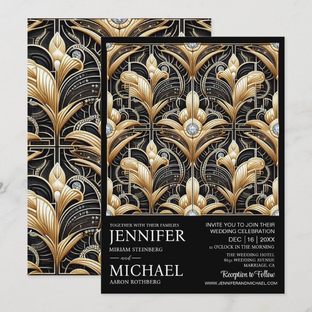 Convites de Casamento Preto e Dourado Art Deco com (Frente/Verso)