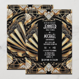 Convites de Casamento Preto e Dourado Art Deco com