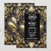 Convites de Casamento Preto e Dourado Art Deco com