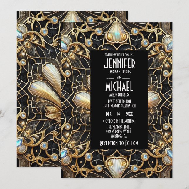 Convites de Casamento Preto e Dourado Art Deco com (Frente/Verso)