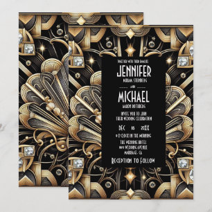 Convites de Casamento Preto e Dourado Art Deco com