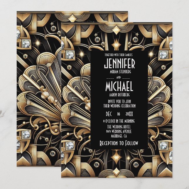 Convites de Casamento Preto e Dourado Art Deco com (Frente/Verso)