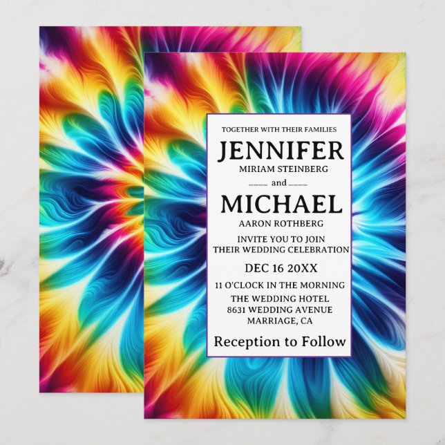 Convites de Casamento Psicanodélicos Tie Dye (Frente/Verso)