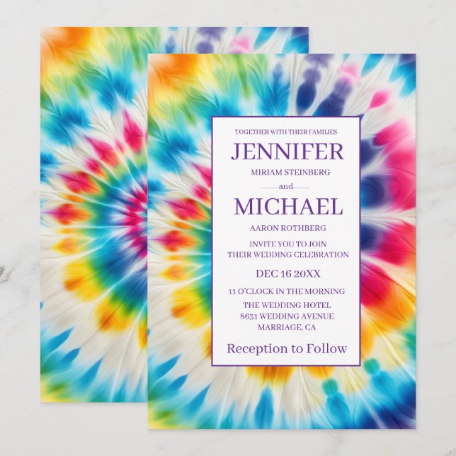 Convites de Casamento Psicanodélicos Tie Dye (Frente/Verso)