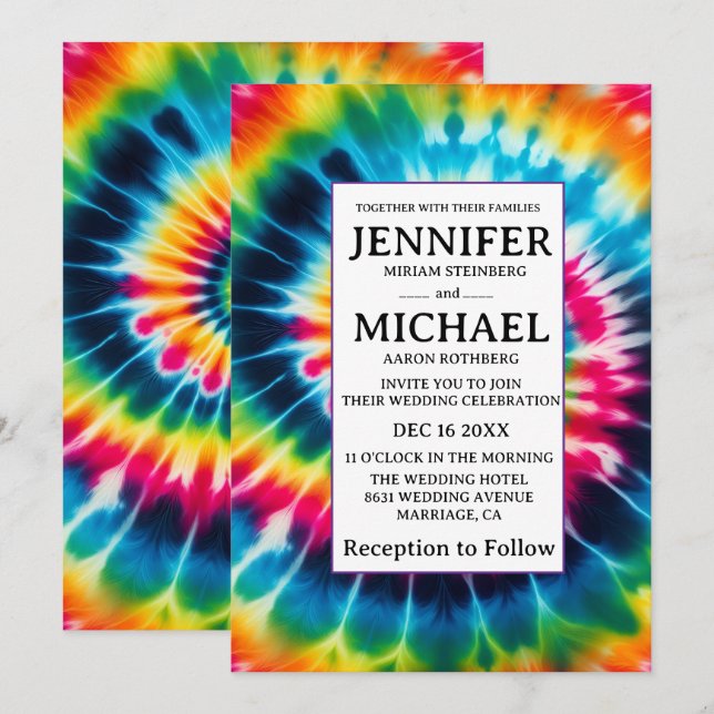 Convites de Casamento Psicanodélicos Tie Dye (Frente/Verso)