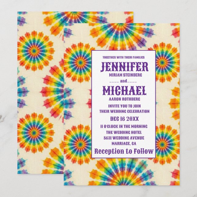 Convites de Casamento Psicanodélicos Tie Dye (Frente/Verso)