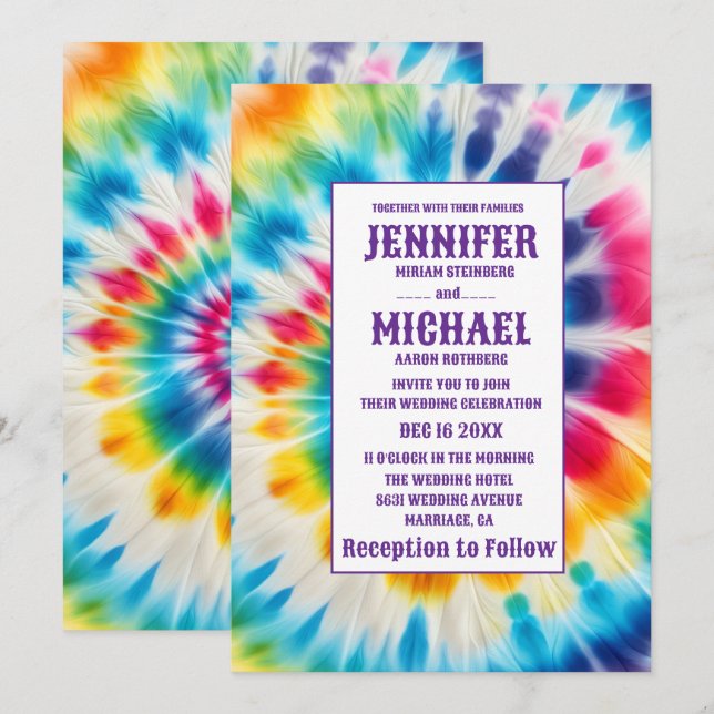 Convites de Casamento Psicanodélicos Tie Dye (Frente/Verso)