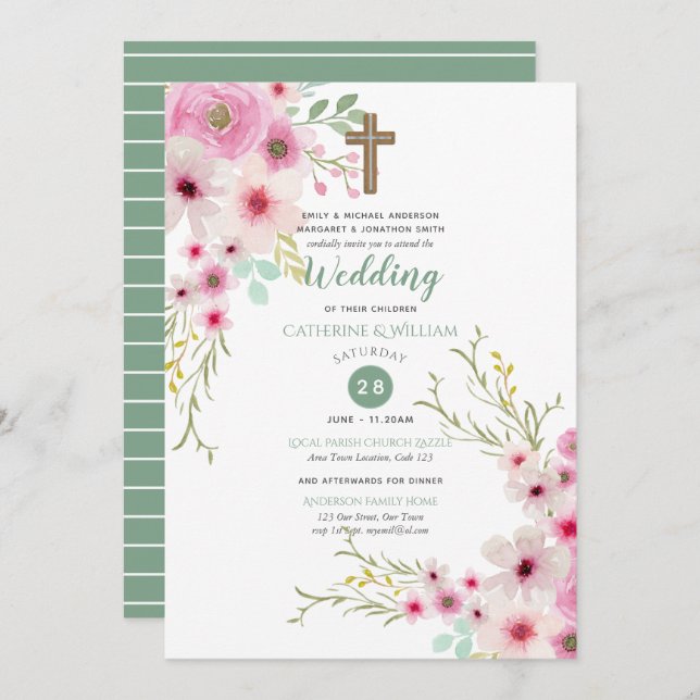 Convites de casamento Românticos Cruz Floral Cor-d (Frente/Verso)