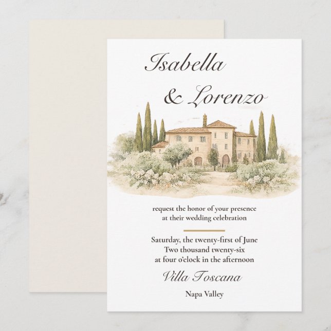 Convites de Casamento Rômanticos de Villa Toscana  (Frente/Verso)