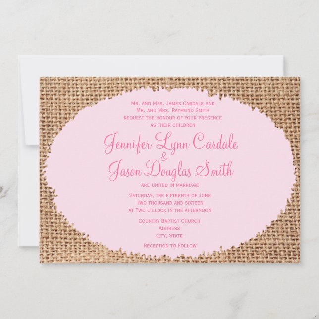 Convites De Casamento Rosa De Burlap, Rústico (Frente)