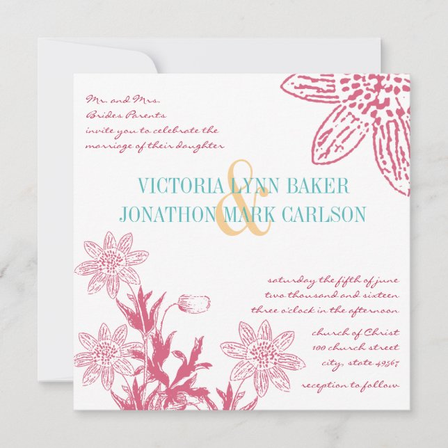 Convites de casamento rosa e mint Gerber Daisy (Frente)