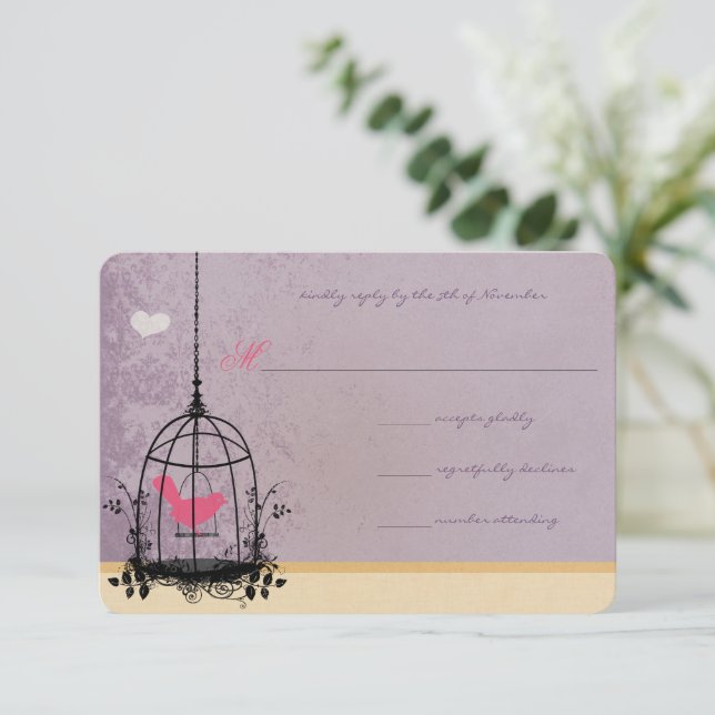 Convites de Casamento Rosa Passarinho e Berinjela (Em pé/Frente)