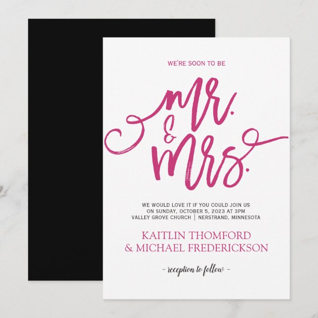 Convites de Casamento Rosa Quente e Preto | Script (Frente/Verso)