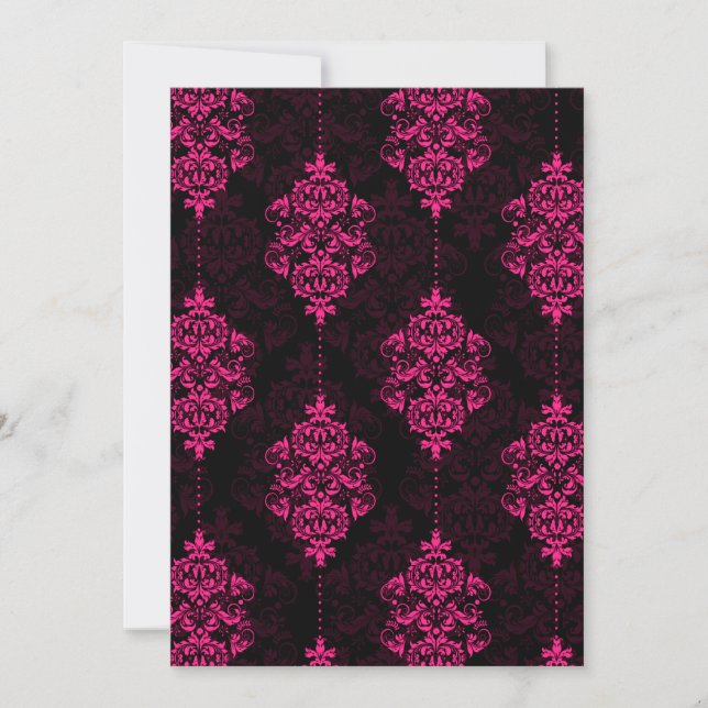 Convites de Casamento Rosa Vibrante Damask e Preto (Frente)