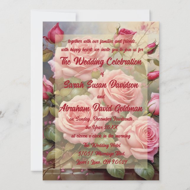 Convites de Casamento Rosas Cor-de-Rosa Clássicas  (Frente)