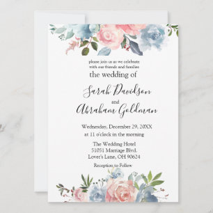 Convites de Casamento - Rosas Florais Azuis Empoei