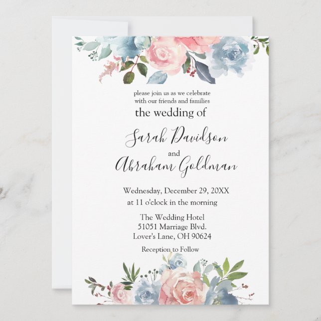 Convites de Casamento - Rosas Florais Azuis Empoei (Frente)