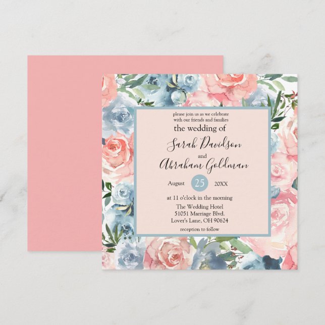 Convites de Casamento - Rosas Florais Azuis Empoei (Frente/Verso)