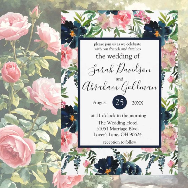 Convites de Casamento Rosas Flores Azul Marinho &  (Criador carregado)