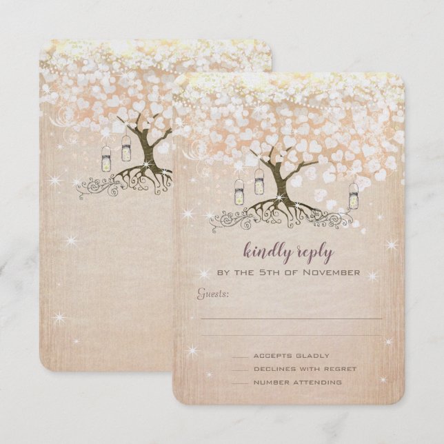 Convites de Casamento Rose Gold Heart Leaf Tree (Frente/Verso)