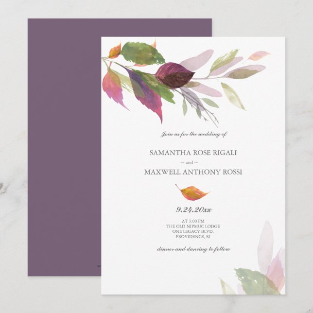 Convites de Casamento Roxos para Outono (Frente/Verso)