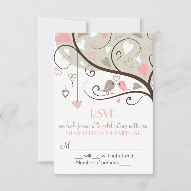 Convites de Casamento RSVP de Pombinhos Rosa e Cin (Frente)