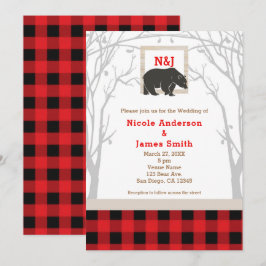 Convites de Casamento Rustic Bear & Red Plaid Wood
