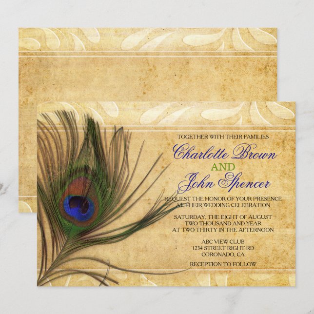 Convites de casamento Rustic Peacock Feather (Frente/Verso)