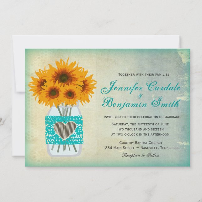 Convites de casamento Rustic Teal Mason Jar Sunflo (Frente)