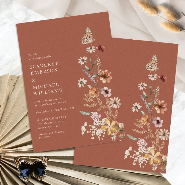 Convites de Casamento Rústico Boho Terracota (Terracotta Rustic Boho Floral Wedding Invitations with Butterfly by Painted Paperie
)