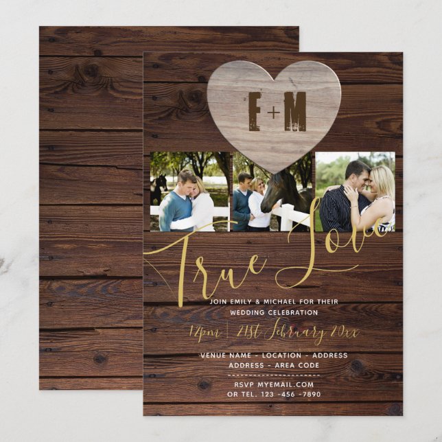 Convites de Casamento Rústicos com Colagem de Foto (Frente/Verso)