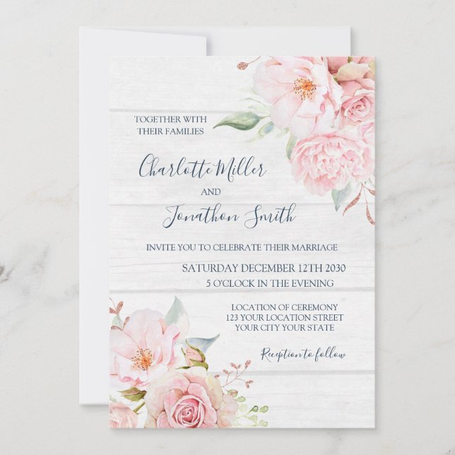 Convites de Casamento Rústicos Rosa Floral Primave (Frente)