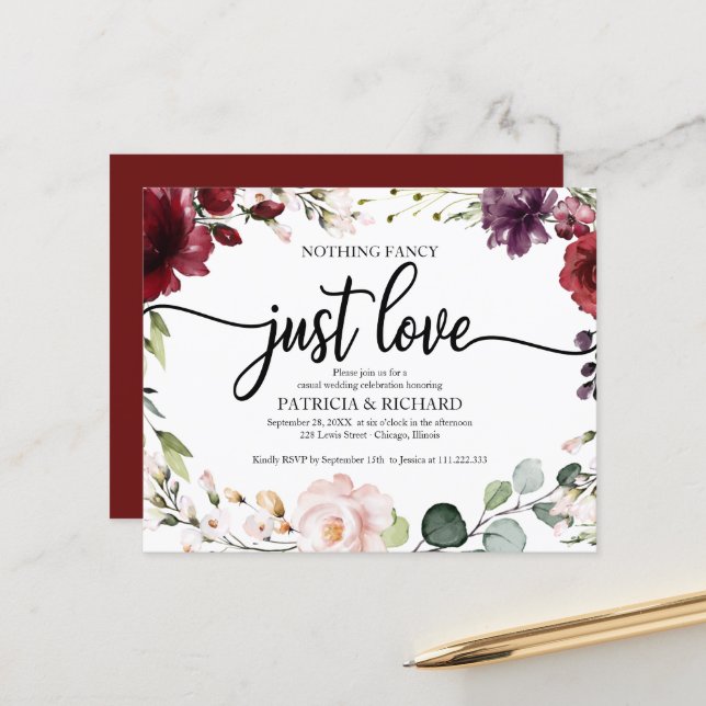Convites de Casamento Simples Orçamento Burgundy (Frente/Verso In Situ)
